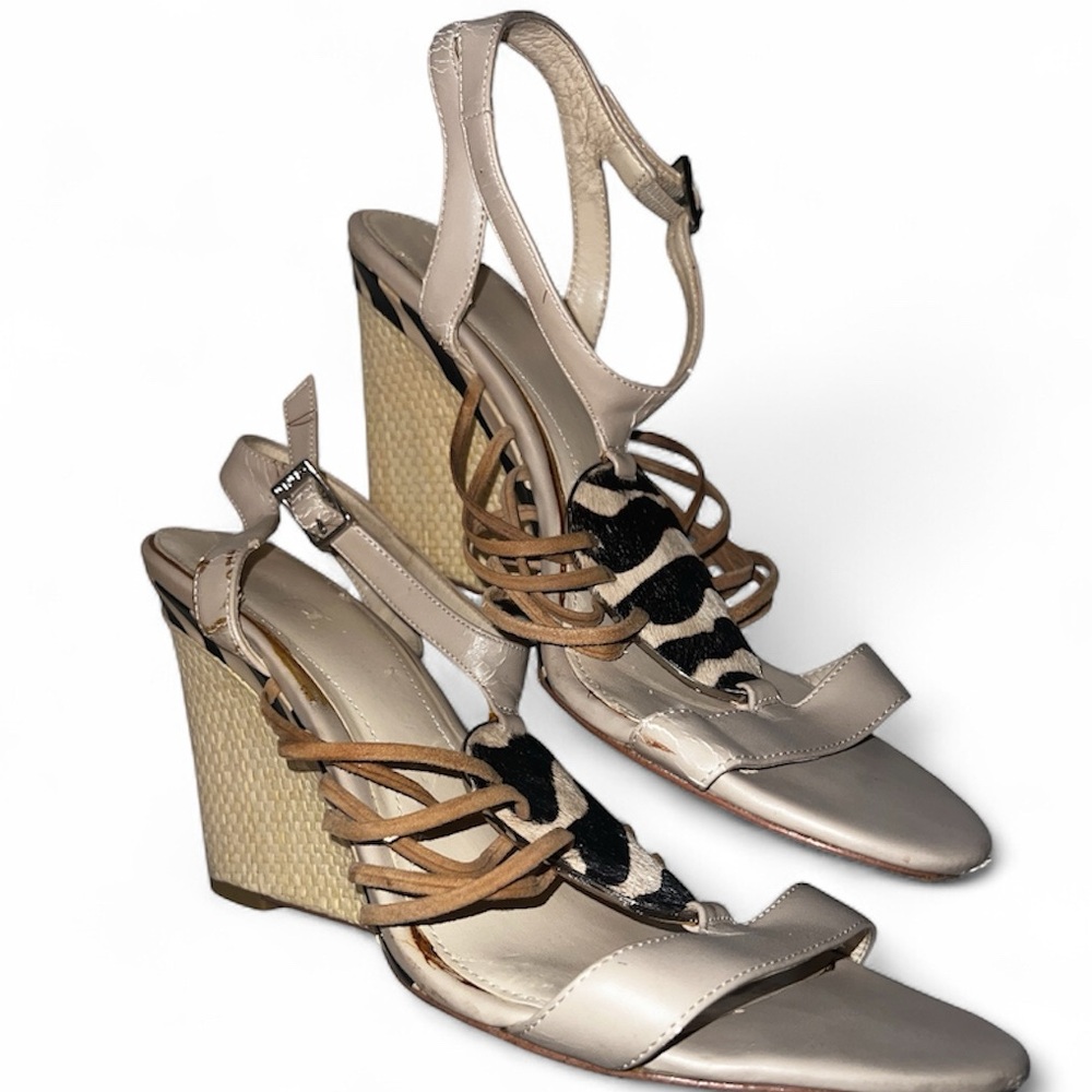 Elegant Beige Rattan-Wedge Sandals Size 11